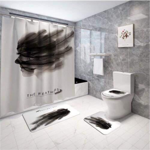 4pcs/set Bathroom Mat Set Non-slip Bath Mat Coral Fleece Print Feathers Shower Curtain Floor Mat Washable Bathroom Toilet Rug