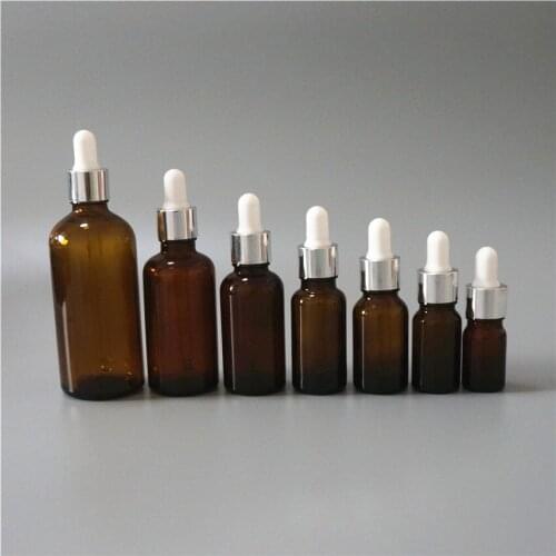 5/10/15/20/30/50/100ml Reusable Brown Essential Oil Bottle White Rubber Head Dropper Silver Cap Glass Cosmetic Container