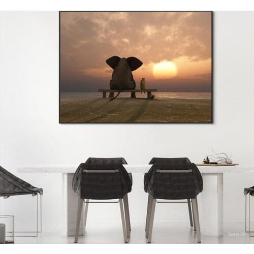 African Elephant & Baby Sunset Landscape Painting Print Canvas Animal Art Wall Picture Artwork Modern Living Room Cuadros Decor