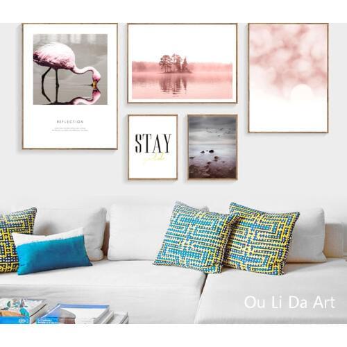 No frame modern pink flamingo scenery canvas printings oil painting printed on canvas sitting room wall art decoration picture