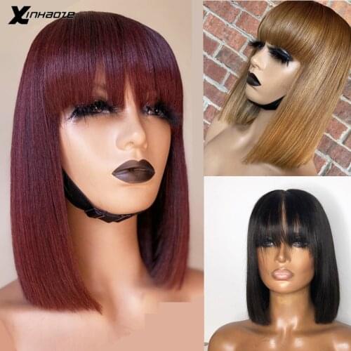 Burgundy 99J Lace Front Wig Short Brown Colored Straight Bob Wig With Bangs 13x4 Pre Plucked Lace Frontal Human Hair Wigs