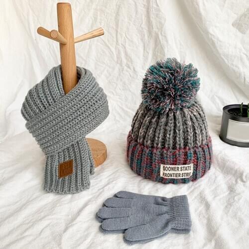 Children Kids Winter 3Pcs Cable Knit Beanie Hat Circle Scarf Set Cute Pompom Contrast Colo Cap Ski Neck Warmer 4-12 Years Old