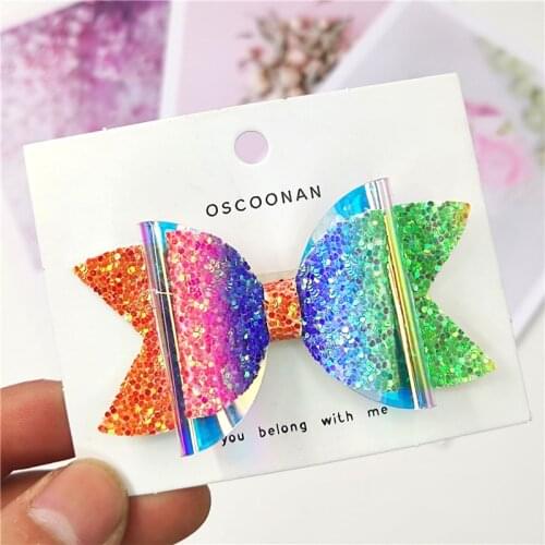 1PCS Gradient Rainbow Leather PVC Glitter 2.5 Inch Bow Elastic Hair Bands Hairpins Dance Party Korean Hair Accessories For Baby