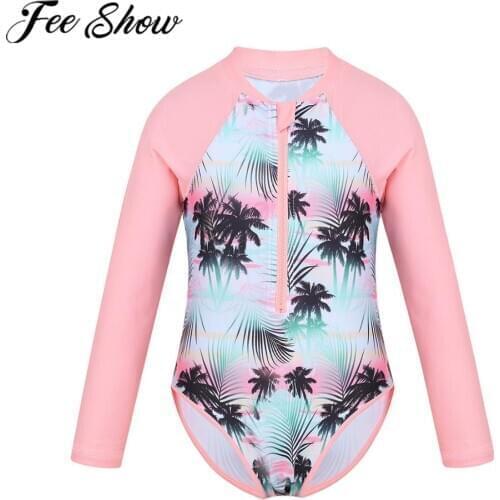 FEESHOW Summer Kids Girls Swimwear Long Sleeves Palm Printed Zippered Swimsuit Swimwear Bathing Suit Rash Guard Beachwear