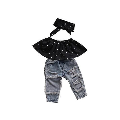 FOCUSNORM New Fashion Toddler Baby Girls Clothes Black Blouse Top Hole Casual Denim Pants Outfits Set