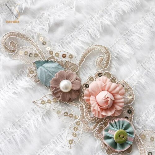 GLace 3D Flower Embroidery Lace Appliques DIY Craft Supplies Pearl Beads Embroidered Cloth Stickers TX766