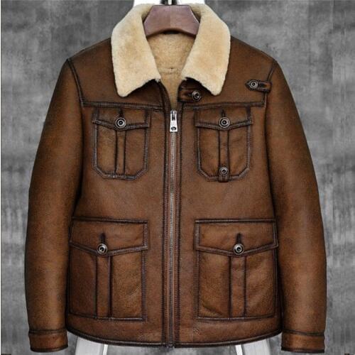 Mens B3 Shearling Sheepskin Bomber Jacket Pilots Coat Mens Fur Coat Flight Jacket Mens Outdoor Jacket male Thick Fleece Coat