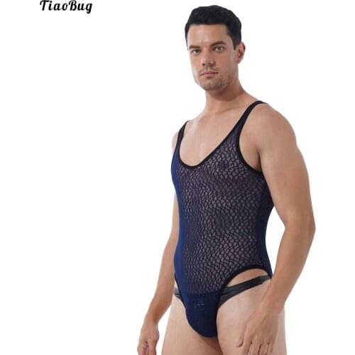 TiaoBug Men See-Through Mesh Swimming Bodysuit Underwear Round Neck Sleeveless Wrestling Singlet Athletic Leotard Swimwear