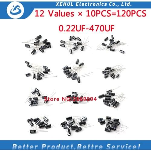 120pcs 12 value kit 0.22UF-470uF Electrolytic Capacitor assortment set pack 0.22UF 0.47UF 1UF 2.2UF 4.7UF 10UF 220UF 470UF