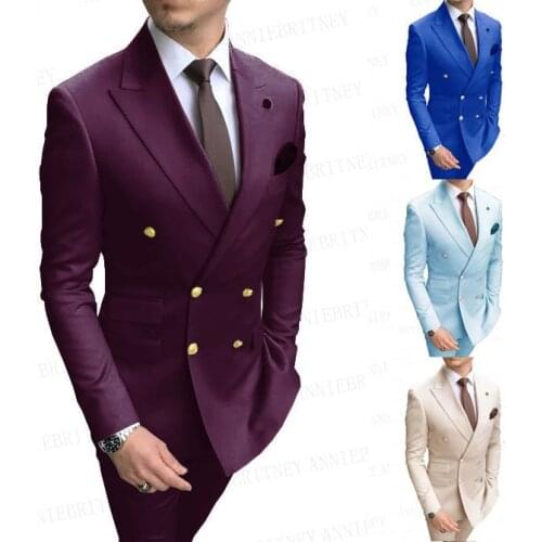 Newest Classic Golden Buttons Burgundy Mens Suits for Wedding Groom Tuxedo Custom Double Breasted Jacket with Pants 2 Pieces Set