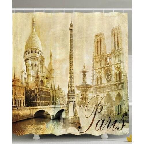 Paris Shower Curtain Eiffel Tower Antique Landscape France Landmarks Travelers Theme Vintage Romance Memories Bathroom Curtains