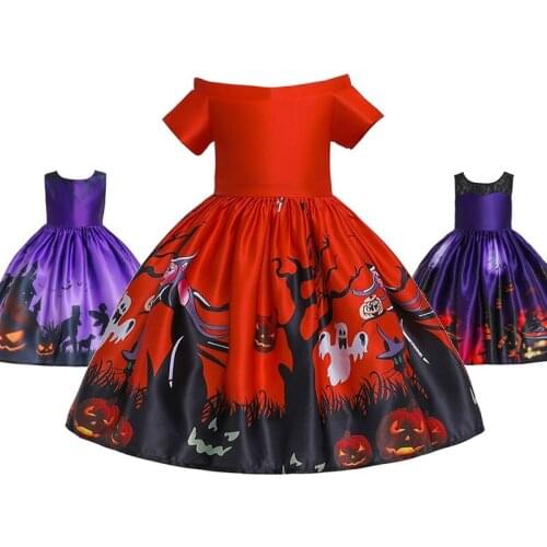 VOGUEON Girls Princess Party Dress Halloween Witch Pumpkin Bat Printed Swing Ball Gown Children Ruched Outfit Clothes for 2-10T