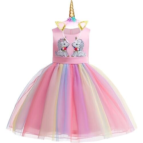Girls Birthday Party Unicorn Dress+Accessories Gown Infant Girl Performance Tutu Toddler Colorful Net Yarn Unicorn Kids Clothing
