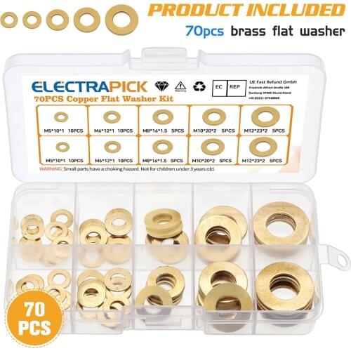 Dropship Electrapick 70pcs M5 M6 M8 M10 M12 Solid Brass Copper Flat Washer Plain Gasket Pad Boxed