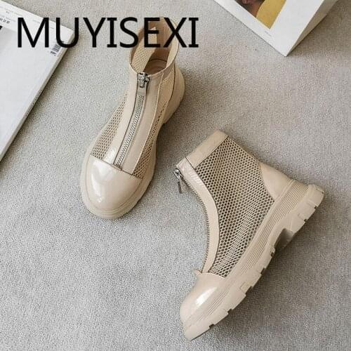 Air mesh boots summer european designer 3.5cm heels round toe front zipper platform anti-sunburn LDI21 MUYISEXI