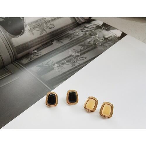 1pair 100% Authentic 925 Sterling silver Black Agate stone /cirtrine Square Geometric Stud Gold earrings FINE jEWELRY E190