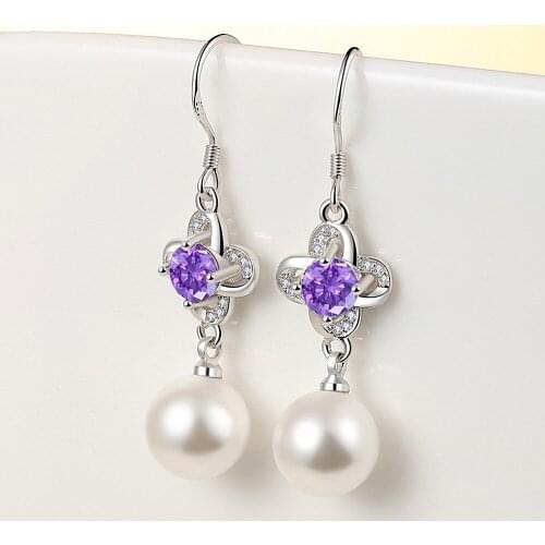 Clover Purple Crystal Amethyst Gemstones Diamonds Drop Earrings for Women 18k White Gold Filled Jewelry Trendy Accessories Gifts