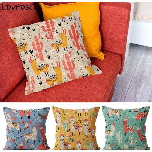 Lovely Animal Alpaca Llama Child Cute Mint Green Yellow Blue Flower Pattern Printed Cushion Cover Throw Pillow Case Living Room