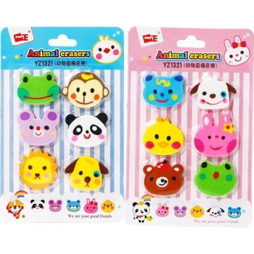 6pcs/lot Kawaii Erasers Cute Cartoon Animal Rubber Pencil Erasable Tool Reward Stationery Party Favors Eraser Gifts For Children
