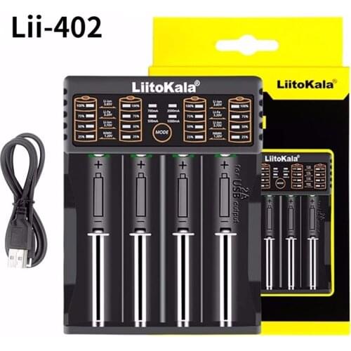 18650 Battery Charger 26650 16340 RCR123 14500 LiFePO4 1.2V AA/AAA Ni-MH Smart Rechareable Batteries USB Cable Liitokala Lii-402