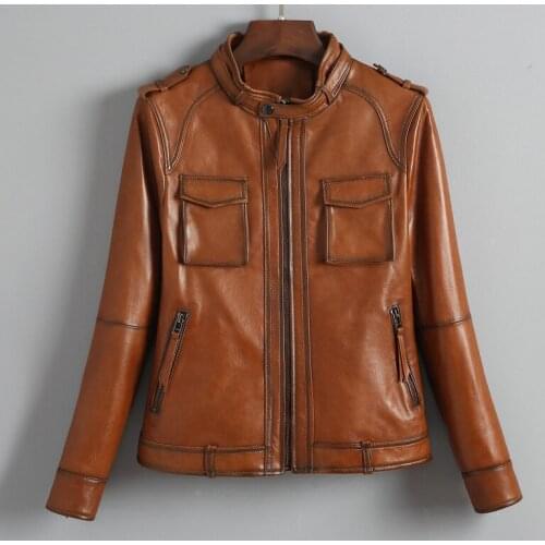 High Quality Leather Jacket Women Korean Style Slim Short Real Sheepskin Coat Spring Autumn Casaul Womens Clothing 2021 WPY3864