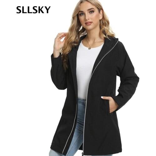 SLLSKY Black Loose Women Windbreaker Jacket Long Sleeve Fashion Hooded Jackets 2021 Autumn New Waterproof Ladies Jacket Coat