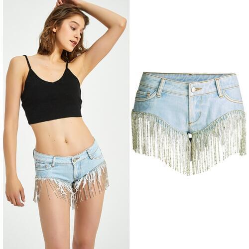 Women Denim Shorts Tassel Rhinestone Diamond Mini Jeans Short Trousers Wide Leg Low Waist Push Up Night Club Summer Plus Size
