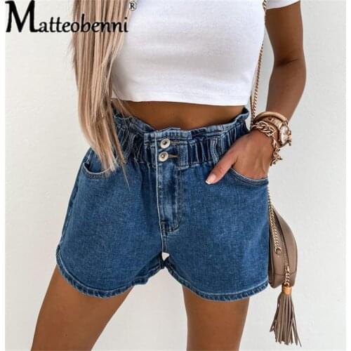 2021 Summer New Vintage Ruffle Jean Shorts For Women High Waist Elastic Waist Denim Shorts Ladies Fashion Street Casual Clothing