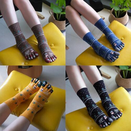 Women Thicken Cotton Cartoon Five Finger Socks 5 Toe Socks Autumn And Winter Middle Tube