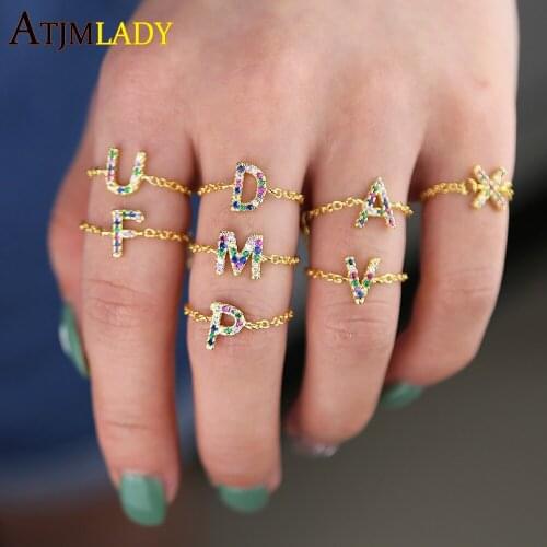 Rainbow cz paved initials 26 Alphabet gold chain slider ring midi women new name wholesale adjustable letter finger ring
