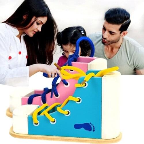 1Set Montessori Wood Lace Skill Learning Toy Stimulated Wooden Tying Toy with Tie-up Shoe Early Learning Gift for Kids