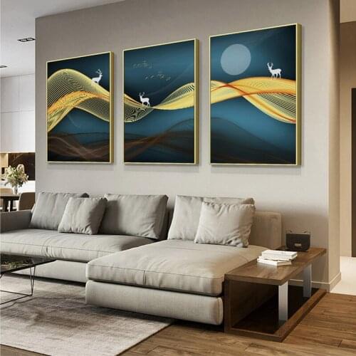 3pcs Living Room Decoration Abstract Golden Line Canvas Poster and Prints Landscape Rich Tree Elk Triple Wall Art Mural Picture
