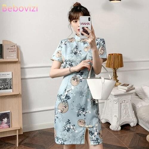 Bebovizi M-3XL 2021 New Vintage Summer Fashion Slim Modern Cheongsam Dress Women Short Sleeve Qipao Traditional Chinese Clothes
