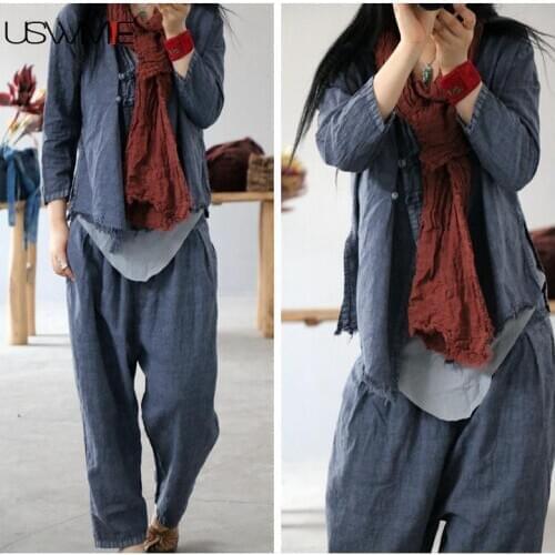 Free Shipping 2 Piece Set Women Spring Summer Literature Single Breasted Solid Color Comfort Plus Size Women Two Piece Outfits