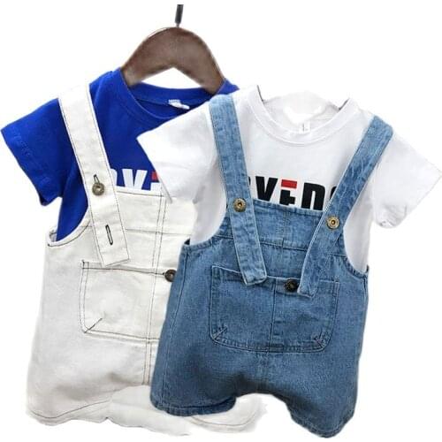 2021Summer Children Kids Denim Overalls Boys Jeans Cotton T-shirt Suit Denim Baby Jumpsuit Casual Loose Overalls Cute Suspenders