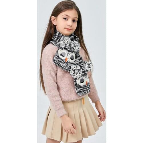 142cm Winter Kids Knitted Long Scraf Cartoon Owl Double Poms Beanies Set Thickened Girls Hat