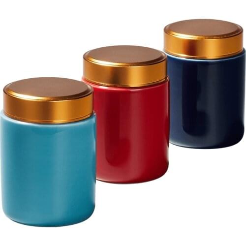 Celadon Tea Caddy Ceramic Mini Tea Bin Metal Cover Portable Travel Sealed Tea Packaging Box,Drinkware,Teaware,Set Accessories