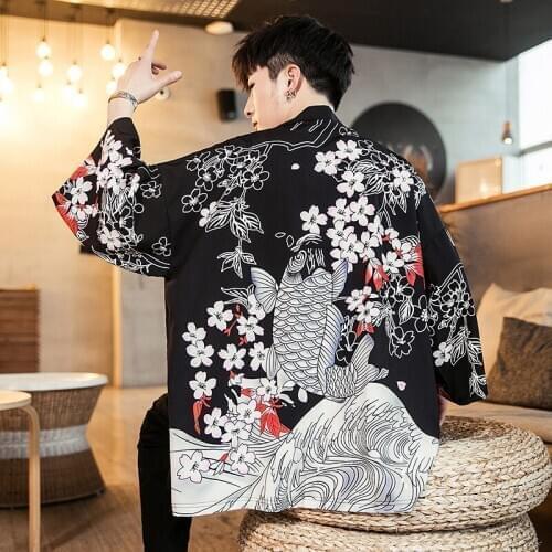 Men Carp Print Long Kimono Cardigan Men Loose Black Mens Kimono Cardigan Jacket 2019 Summer