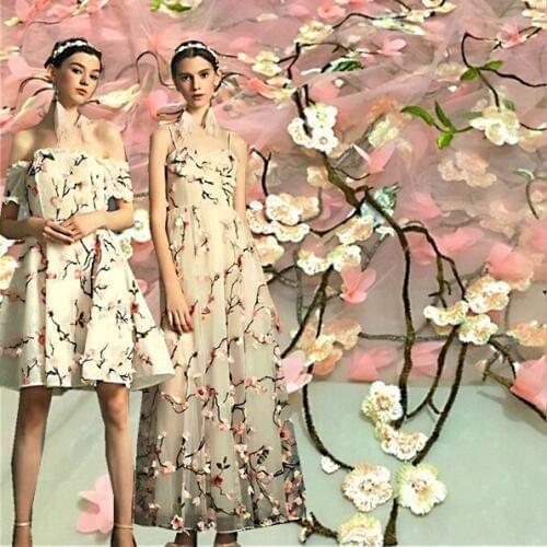 NEW fashion Multicolor Plum Mesh cloth Embroidery lace fabric 3D Embroidery for dress DIY garment accessories 1 meter