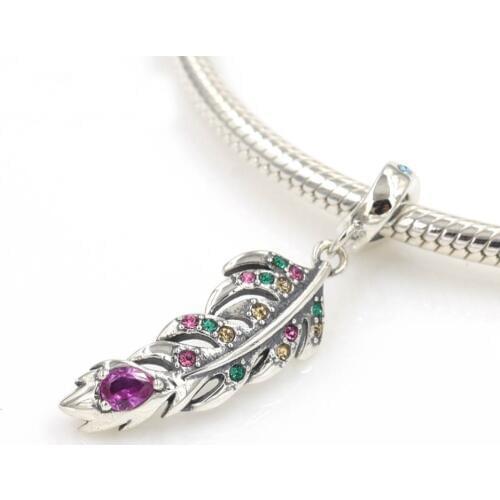 New! Fits Pandora Charms Bracelet Necklace 925 Sterling Silver Peacock Feather with CZ Dangle Charm Pendant DIY Women Jewelry