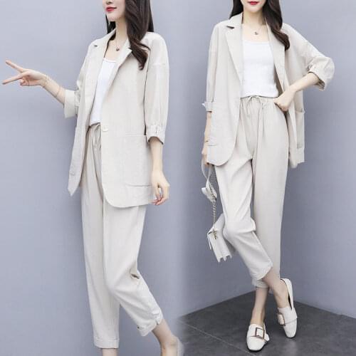 2021 Spring Autumn New Women Chic Blazer Suits Cotton Linen Two Pieces Set Vintage Single Button Coat And Nine Point Pant aq217