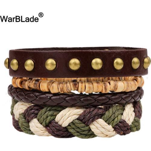 WarBLade New Fashion Multilayer Leather Braided Bracelets Men Charm Wood Beads Bracelets Punk Wrap Wristband For Women Jewelry