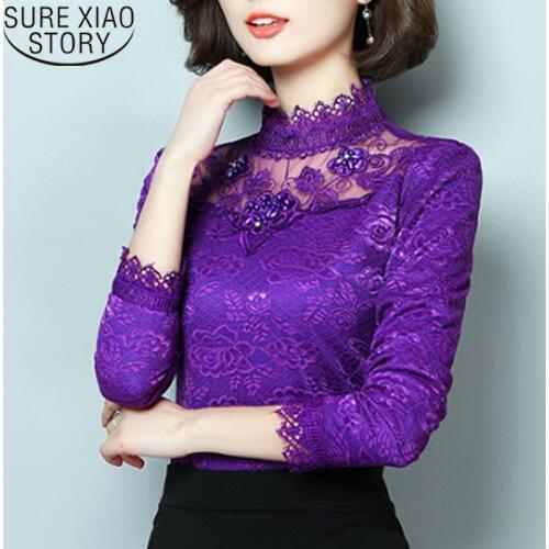 2019 Autumn Fashion Women Tops and Blouses Casual Lace Solid Women Tops Long Sleeve Stand Collar Women Clothing 5661 50