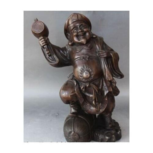 RHS0166 16" Chinese Pure Bronze Carved Japan Happy Wealth Mammon Buddha Coin Bag Statue