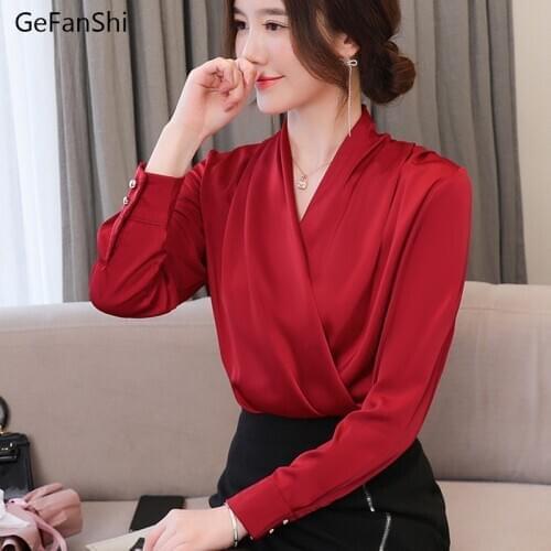 Autumn Casual Long Sleeve Solid Loose Shirts Women Satin Blouses and Tops Vintage Streetwear Plus Size Cute V-neck Shirts