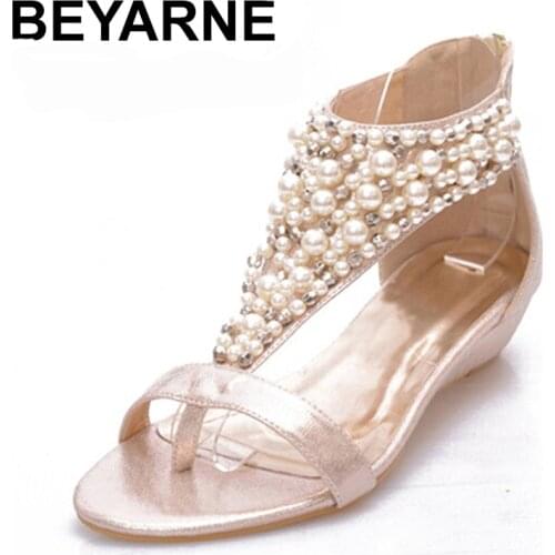 BEYARNE 2020 Gladiator Sandals Summer Style Flip Flops Elegant Platform Shoes Woman Pearl Wedges Sandals Casual Women Shoes