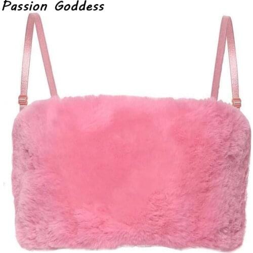 Cute Sexy Women Furry Fur Pink Camisole Tops Full Fur Fuzzy Tops Sleeveless Kawaii Plush Camis Bustier Bralette Party Camisole