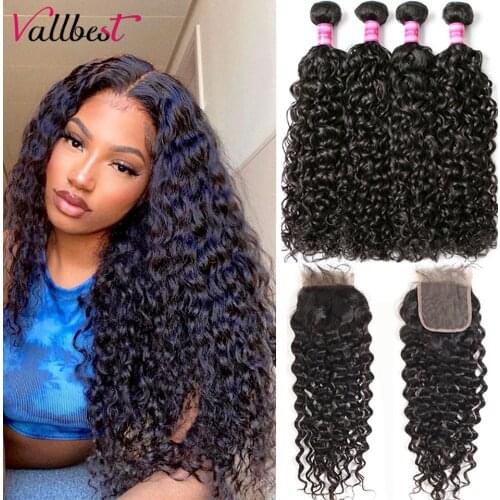 Vallbest Hair Water Wave Bundles With Closure Brazilian Human Hair Bundles With Closure Water Curly 4x4 Lace Closure And Bundles