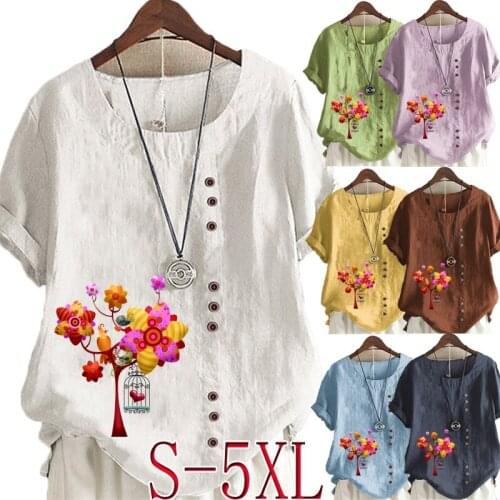 Womens Summer New Fashion Casual Linen Shirt Round Neck Printing T-shirt Short Sleeve Tops Loose Blouse S-5XL
