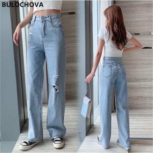 2020 New Summer Retro High Waist Straight Jeans for Women Streetwear Loose Wide-leg Jeans Buttons Zipper Ladies Hole Denim Pants